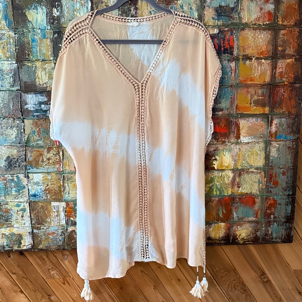 Surf Gypsy Beige and White Tie-Dye Crochet-Trim Swim Coverup
